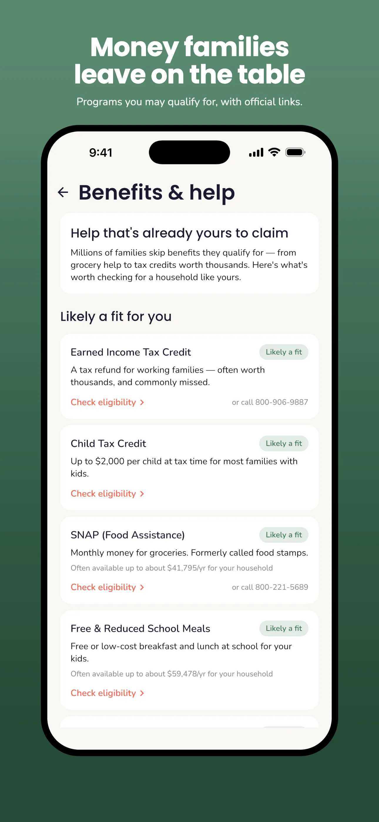 Trellis benefits screen listing assistance programs a family may qualify for, with links to official applications