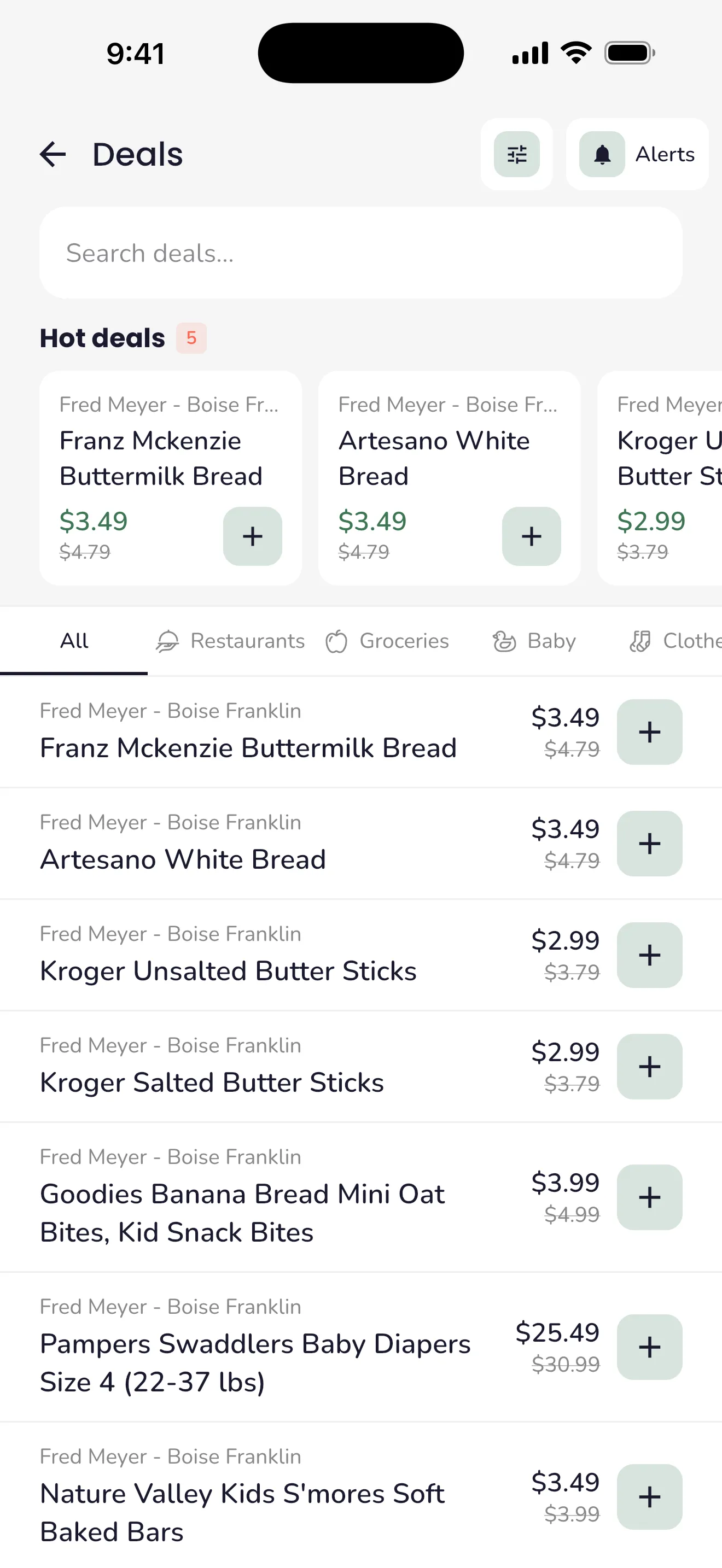 Trellis deals screen listing discounted groceries at Fred Meyer