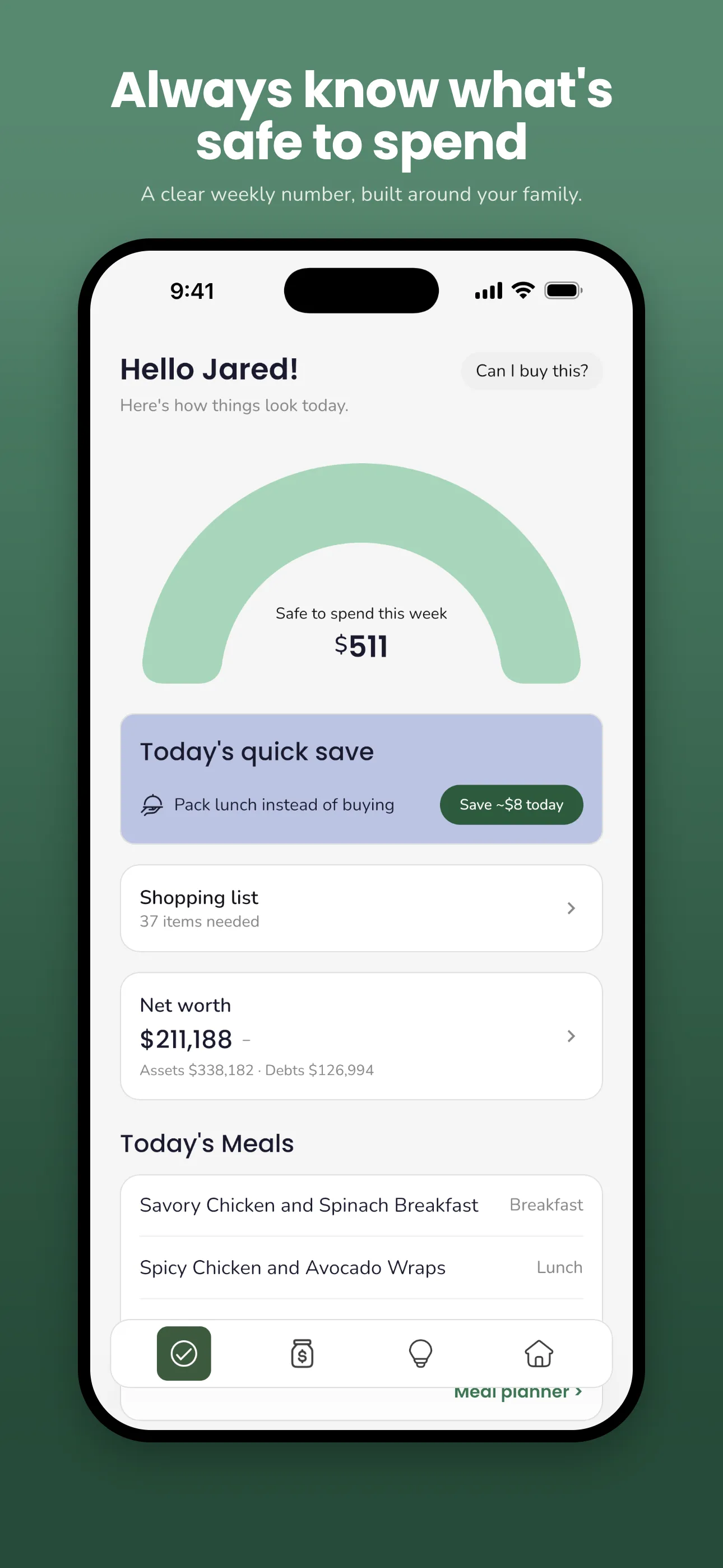 Trellis home screen with a clear weekly safe-to-spend number