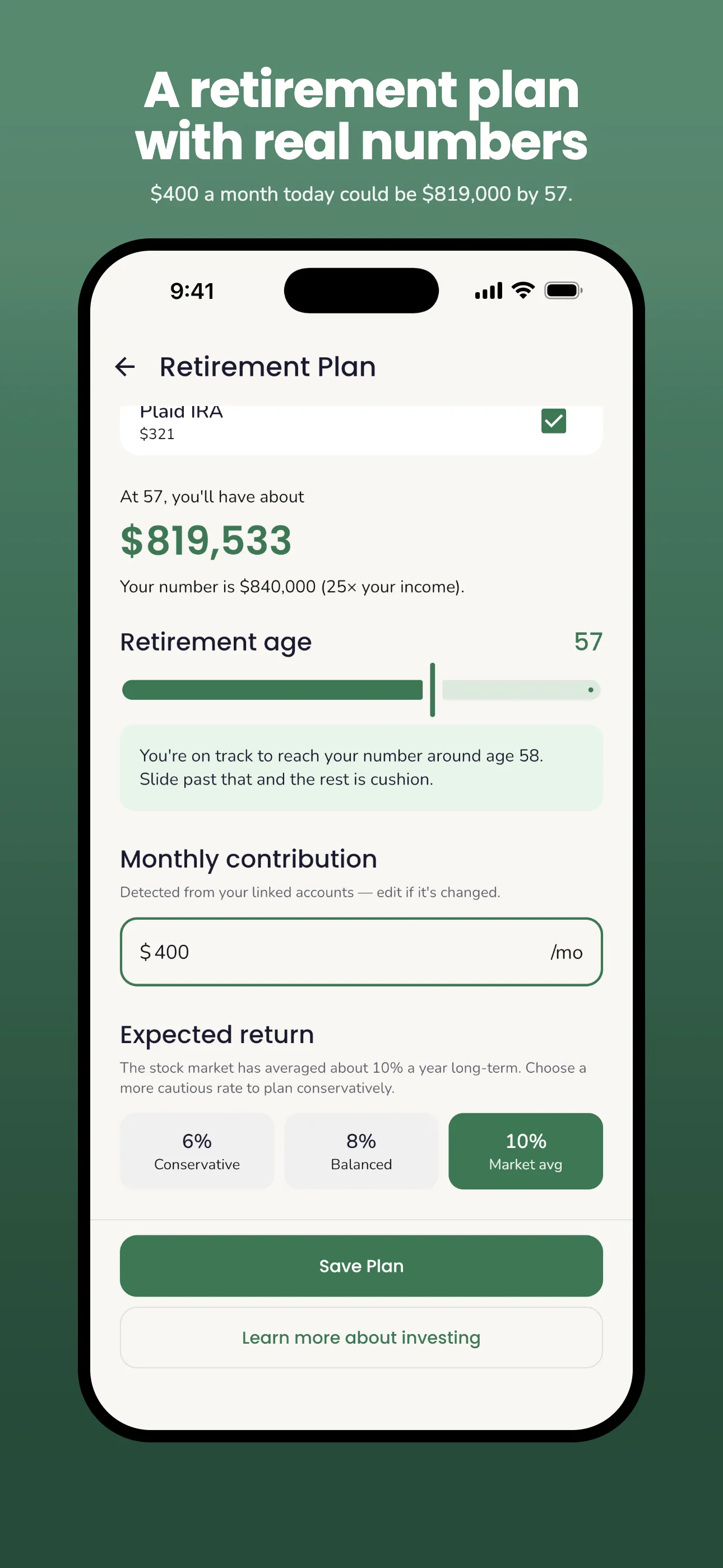 Trellis retirement plan projecting savings at retirement age from linked accounts and a monthly contribution
