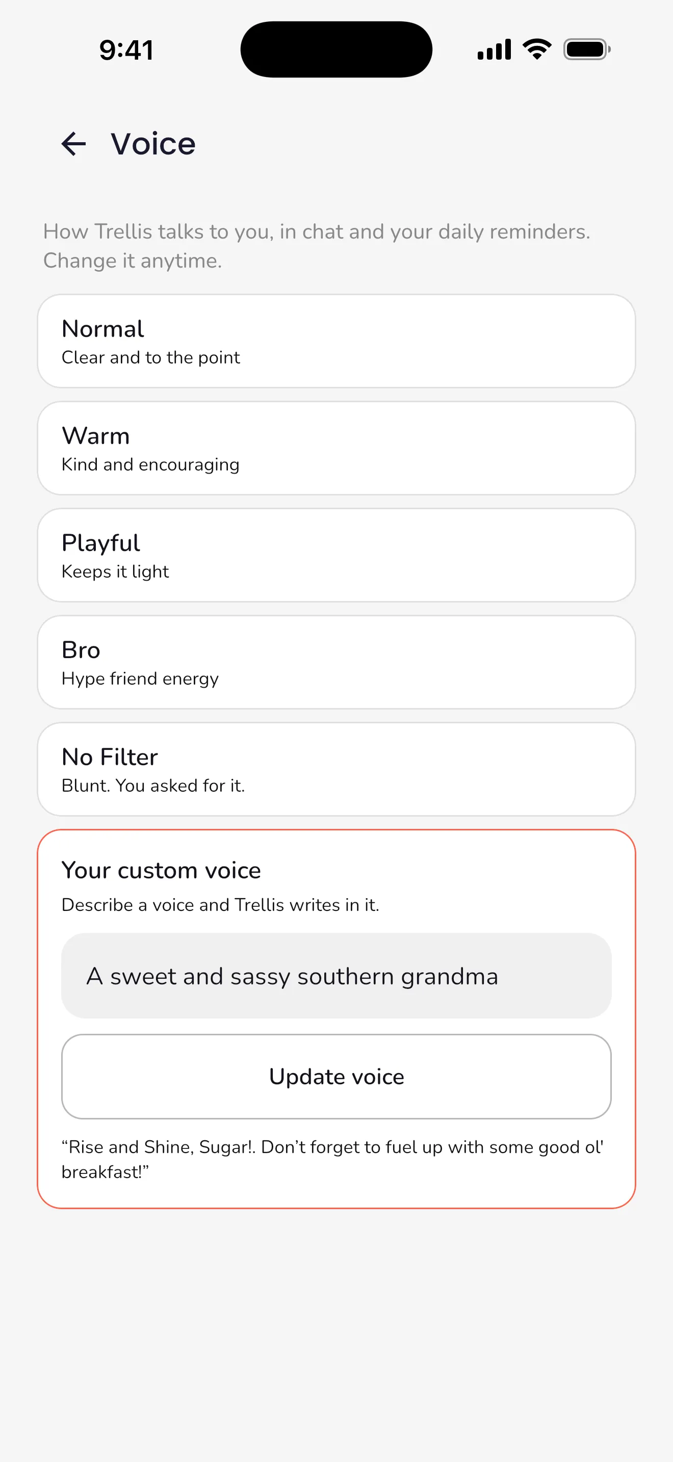 Trellis voice settings with preset voices and a custom one described as a sweet and sassy southern grandma
