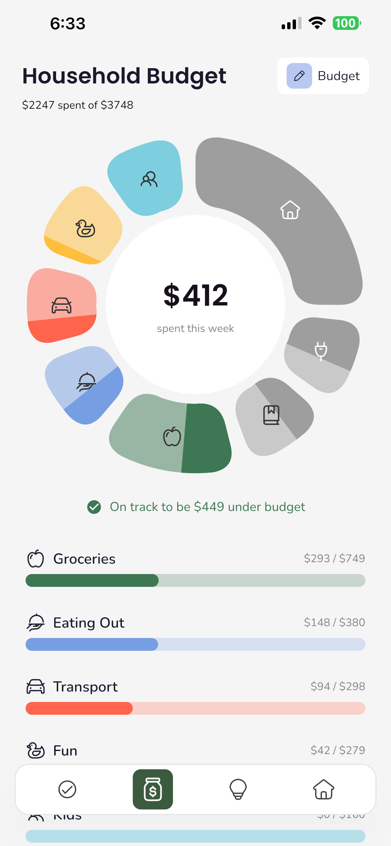 Trellis budget screen showing spending wheel with category progress bars for Groceries, Eating Out, Transport, and more