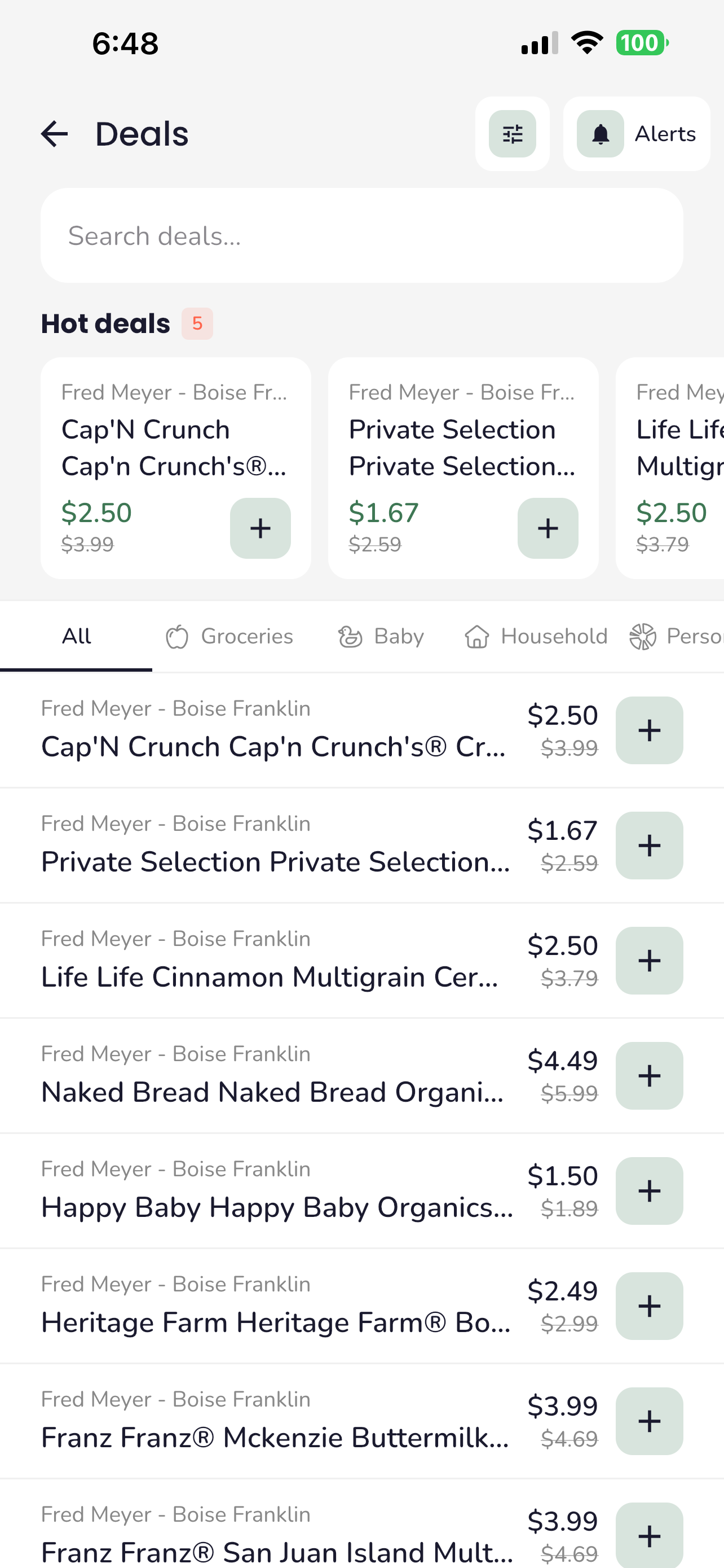 Trellis deals screen showing hot deals from Fred Meyer with prices and add to list buttons