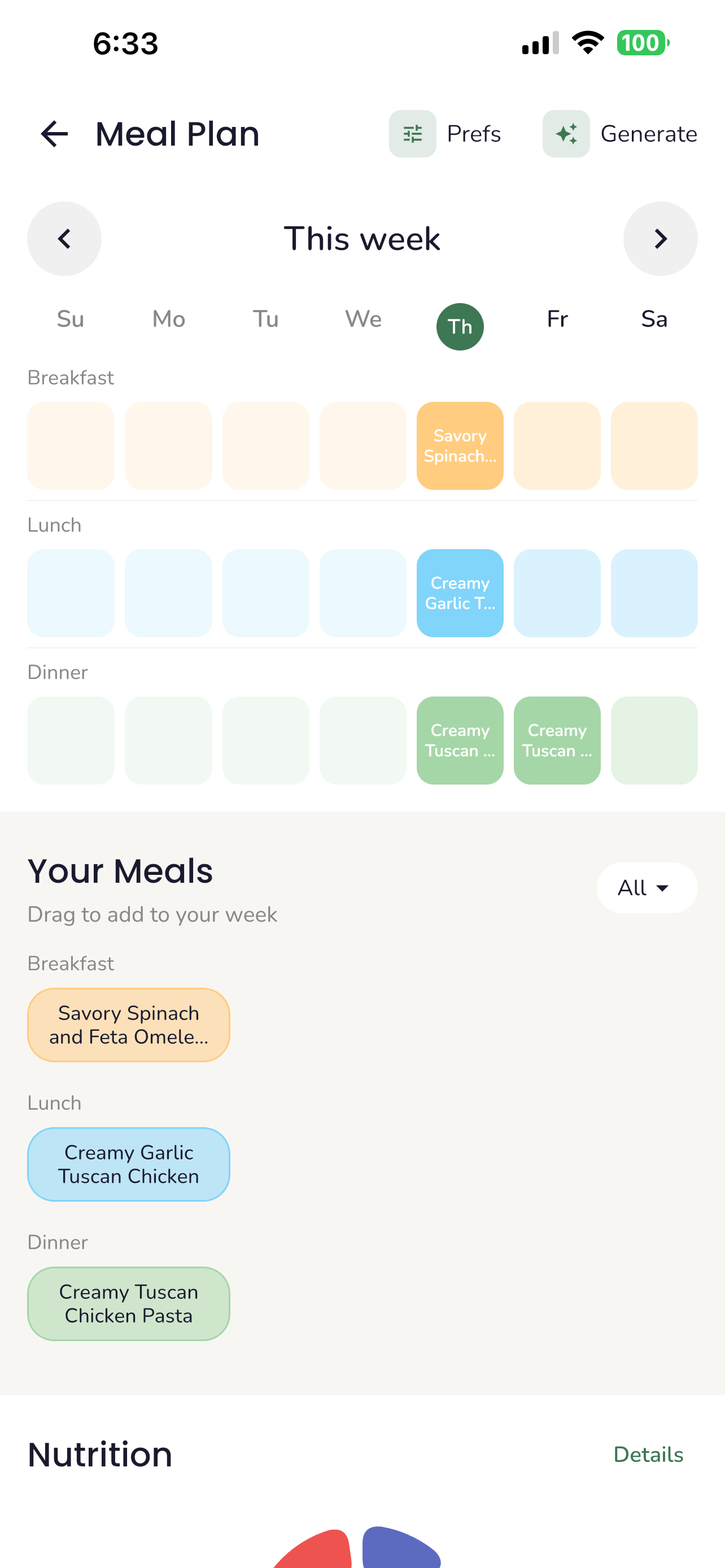 Trellis meal plan screen showing weekly calendar with breakfast, lunch, and dinner slots and recipe suggestions